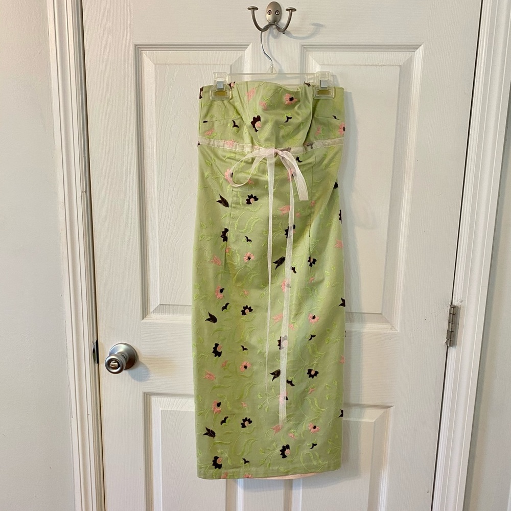 Green Floral Strapless Midi Bridesmaid Dress